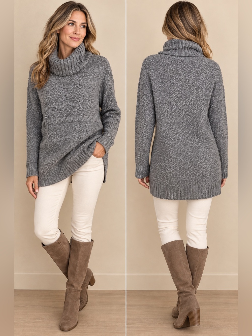 Eddie Bauer Wool Blend Cable Knit
Cowl Neck Tunic Sweater Gray L